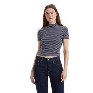 Levi’s Women’s Short Sleeve Mock Neck Blue White Stripe Top Medium NWT Cropped